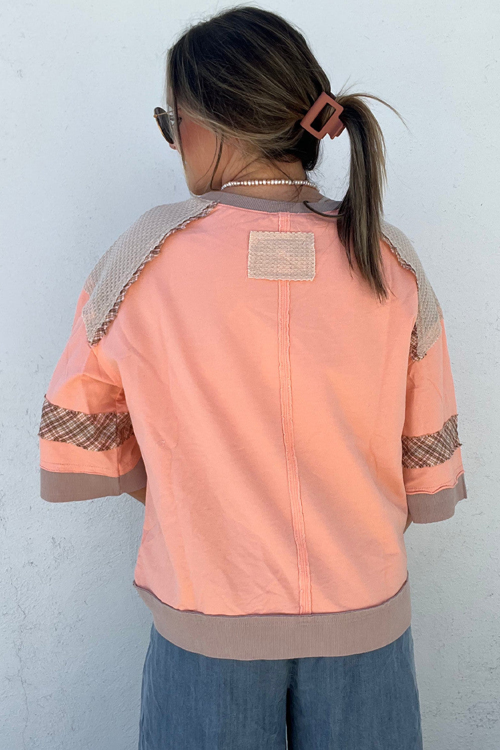 Grapefruit Orange Plaid Waffle Flower Patchwork Bracelet Sleeve Top