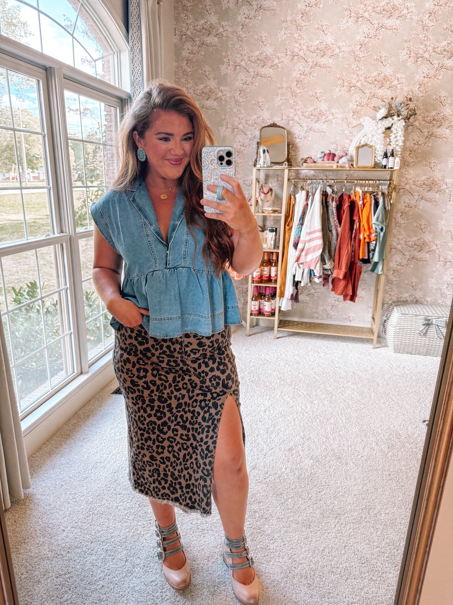 Brown Leopard Denim Frayed Split Denim Midi Skirt - PREORDER