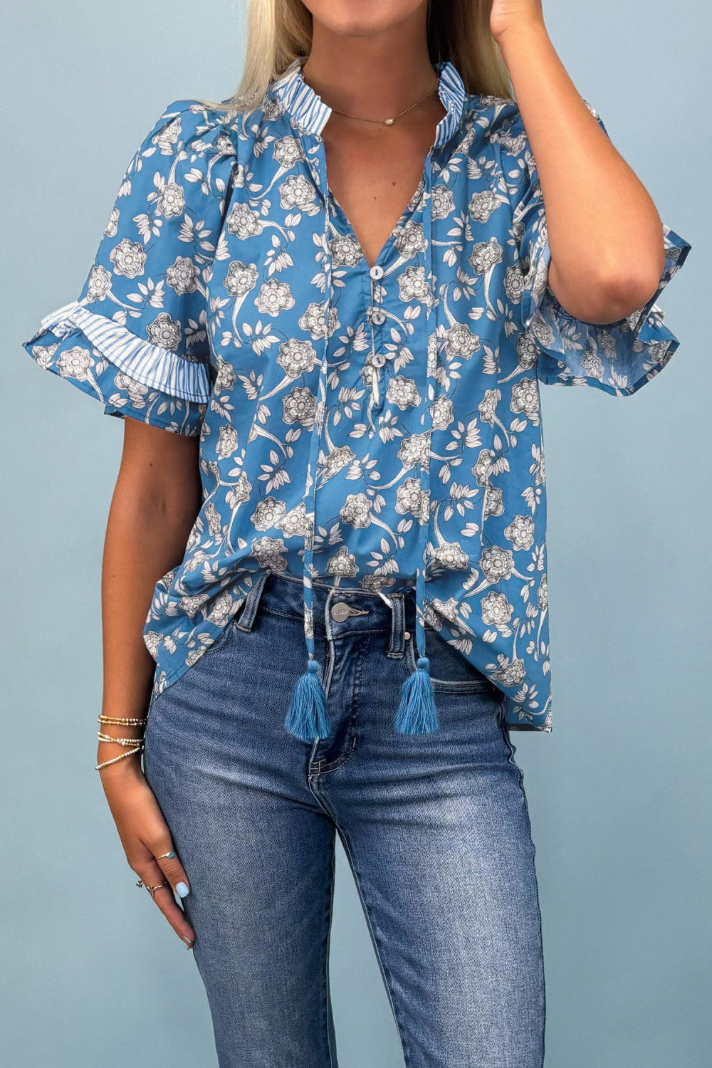 Blue Floral Print Button Tie Neck Striped Detail Short Sleeve Blouse