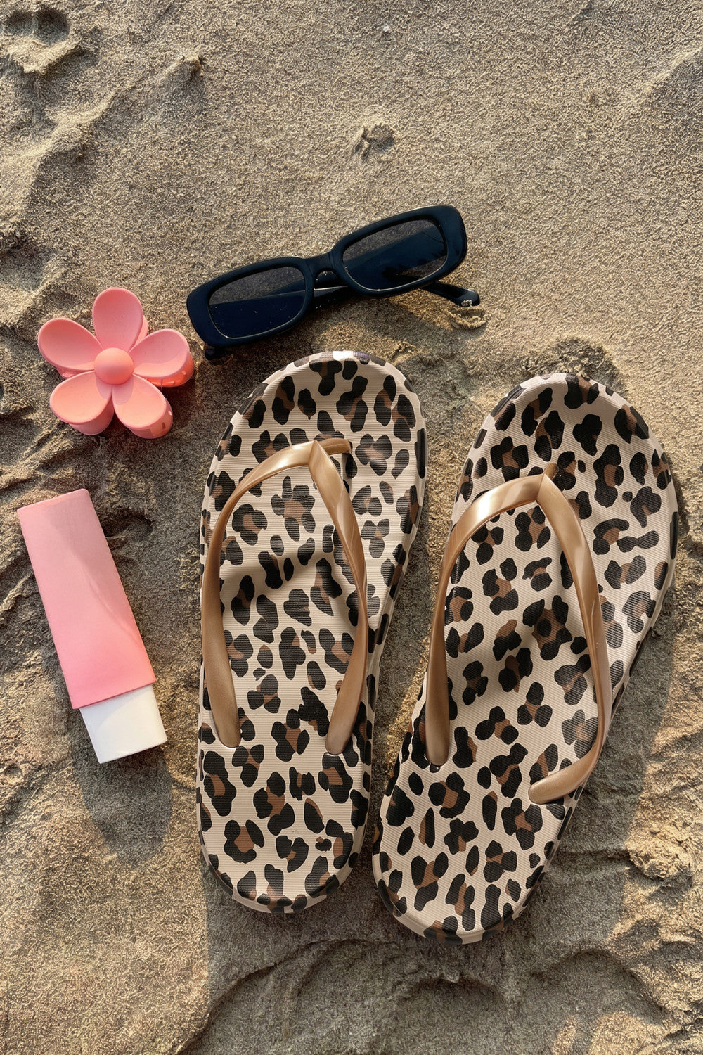 Gold Sleek Strap Leopard Contrast Flip Flops - PREORDER