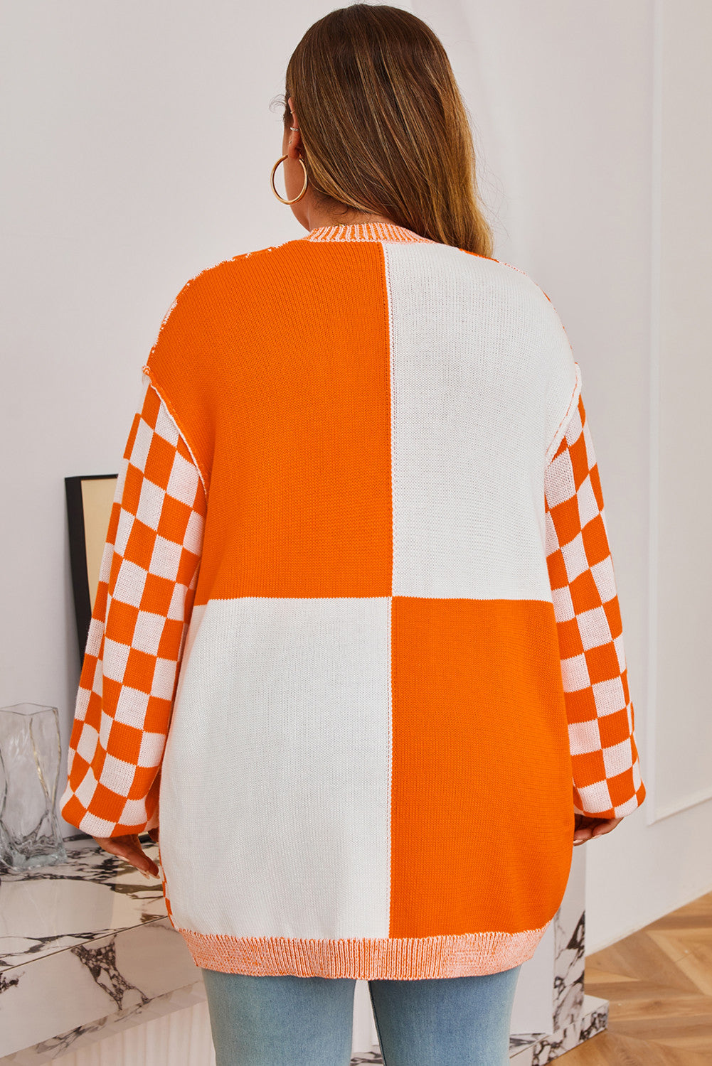 Orange Checkered Bubble Sleeve Drop Shoulder Open Cardigan - PREORDER