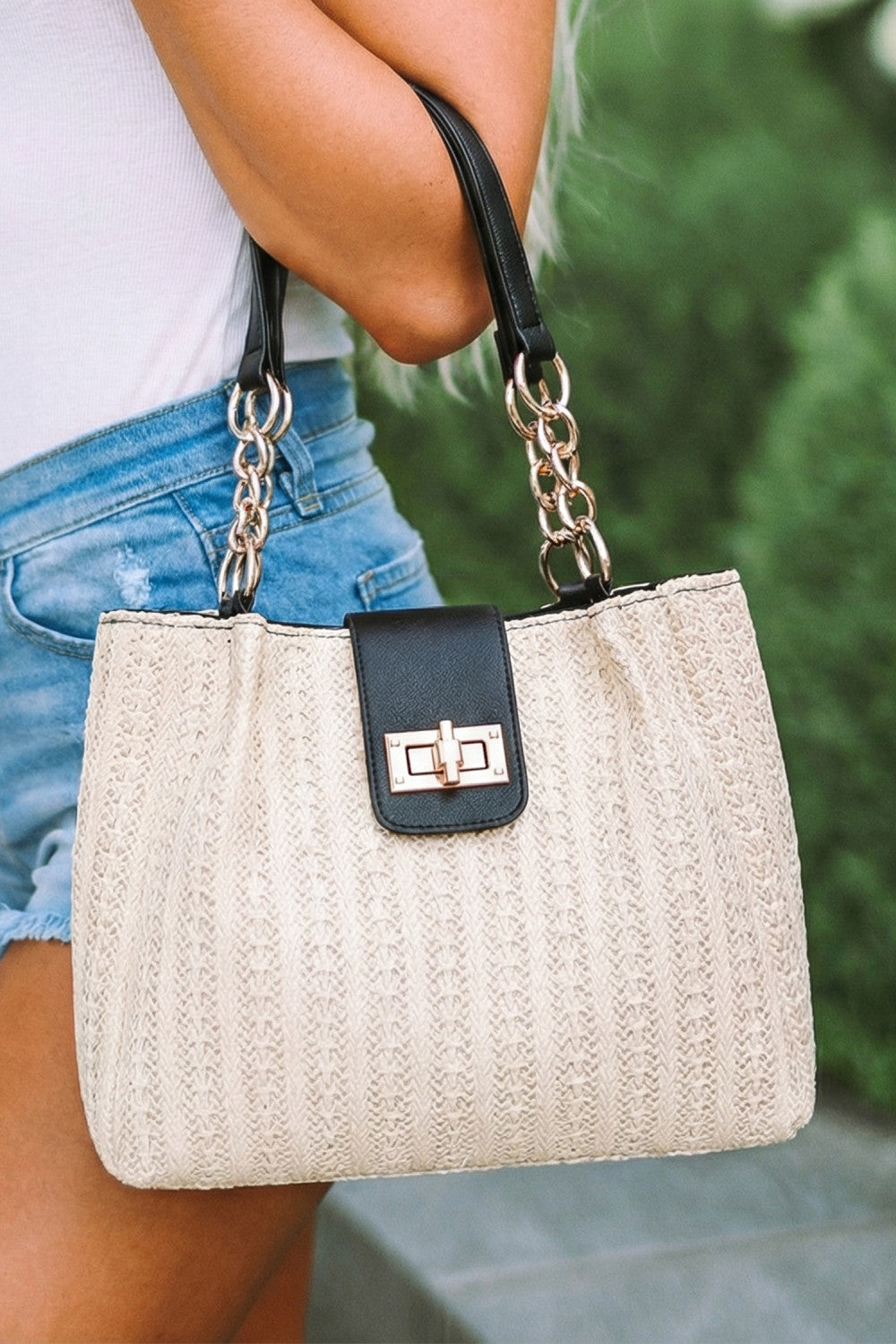 Black PU Leather Chain Handle Woven Textured Knit Tote Bag - PREORDER