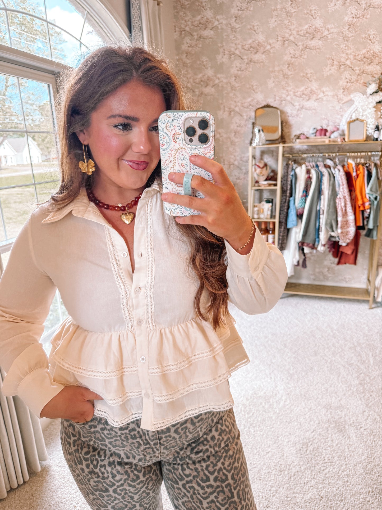 Button Up Long Sleeve Peplum Waist Top