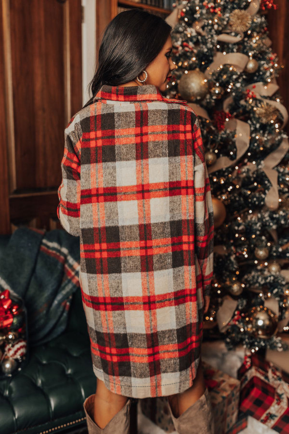 Red Brushed Plaid Buttoned Front Side Slit Tunic Shacket - PREORDER
