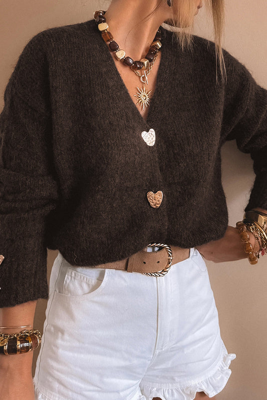 Coffee Heart Metal Button V Neck Cardigan Sweater - PREORDER