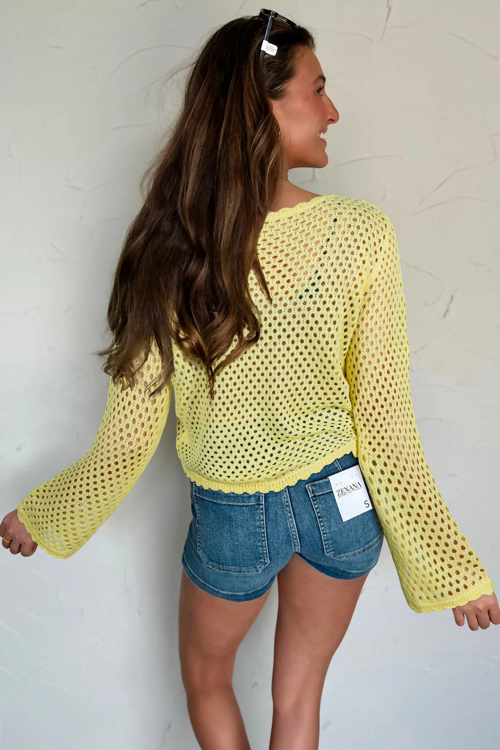 Yellow Cream Scalloped Trim Hollow Out Knit Long Sleeve Top - PREORDER