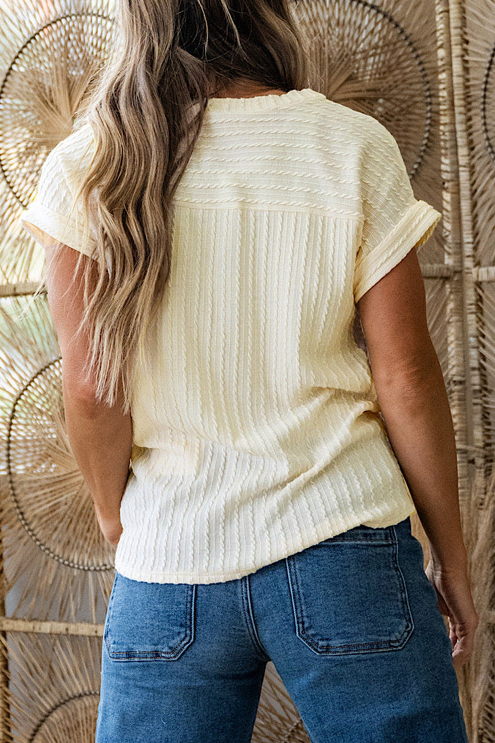 Beige Twisted Texture Knit V Neck T Shirt - PREORDER