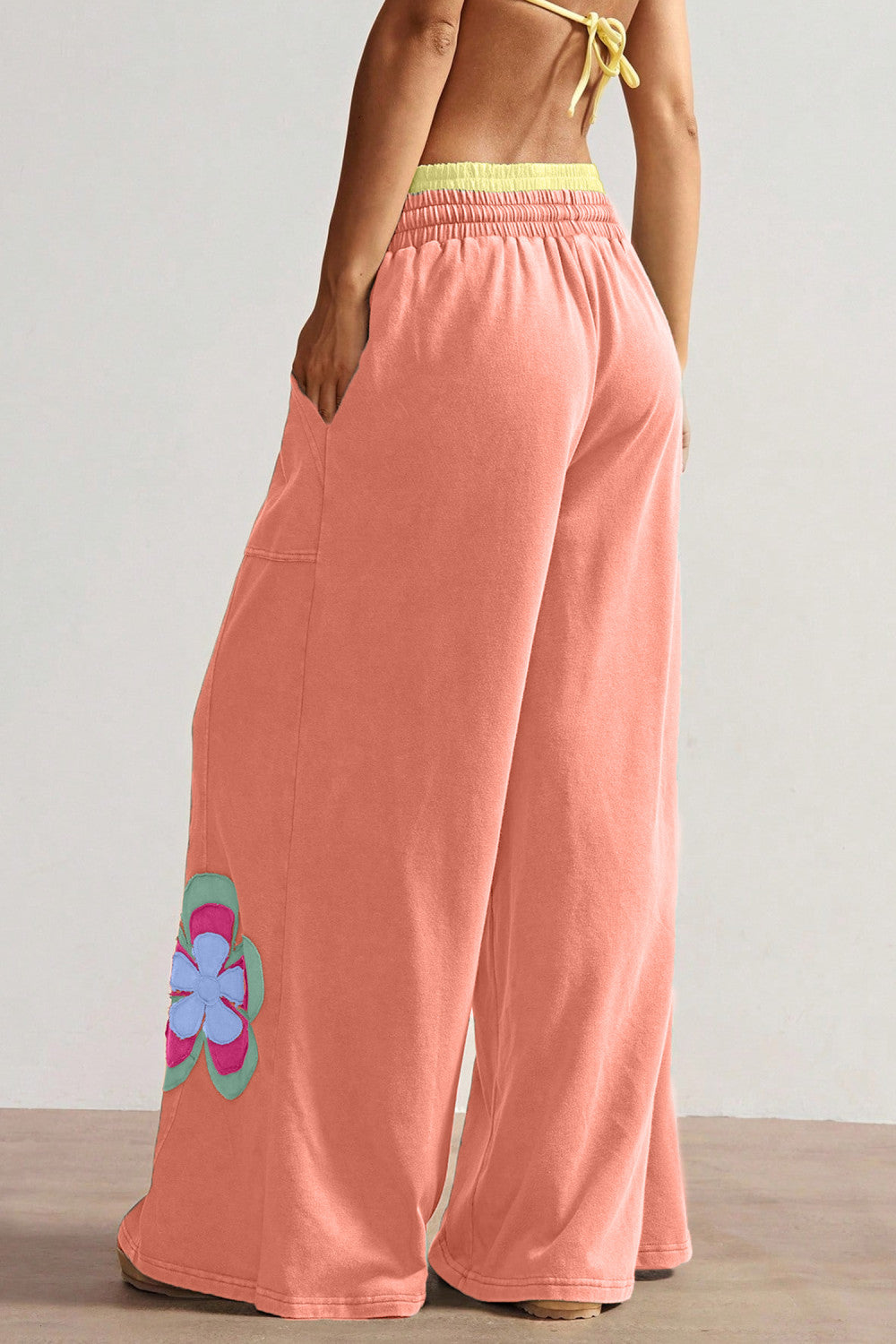 Grapefruit Orange Color Block Flower Patchwork Drawstring Contrasted Elastic Waist Wide Leg Pants - PREORDER