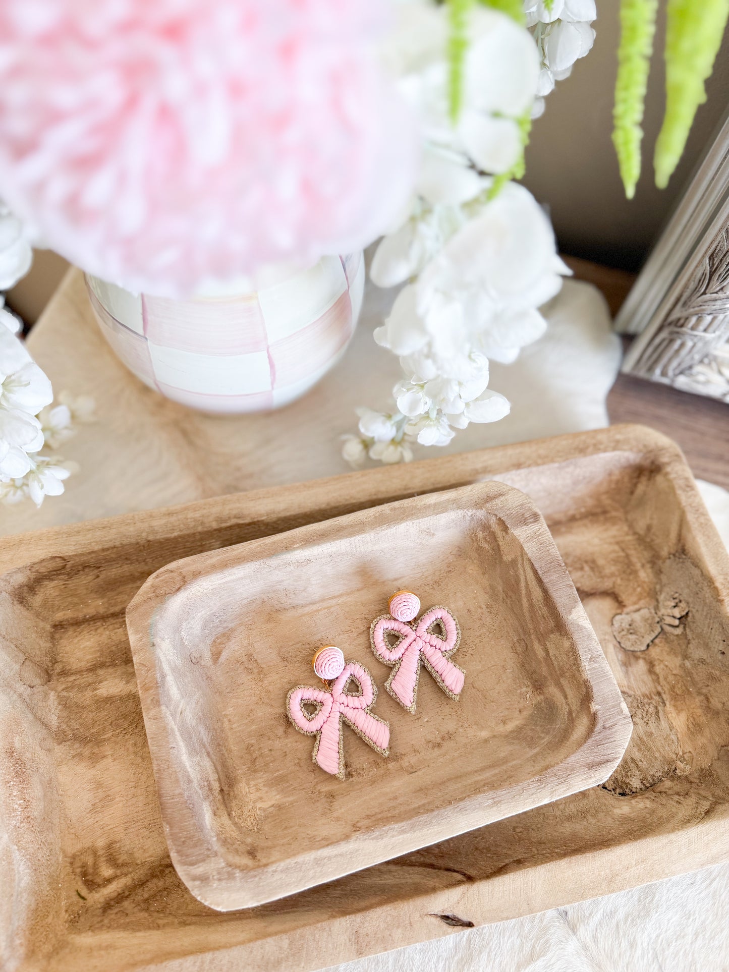 Pink Bow Raffia Earrings