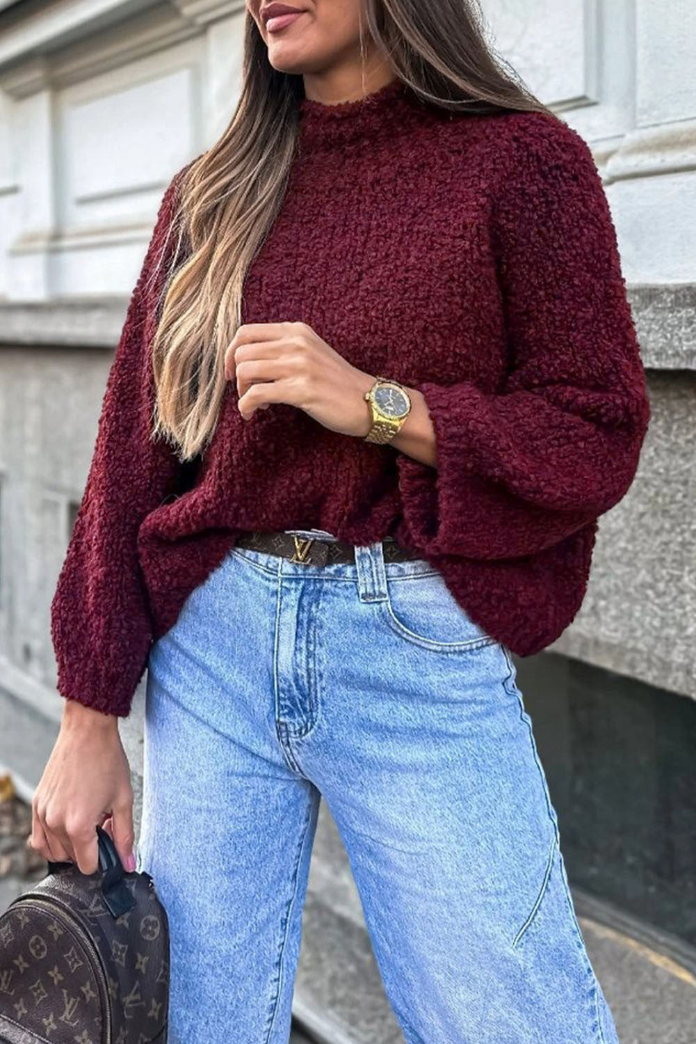 Burgundy Popcorn Mock Neck Solid Sweater - PREORDER
