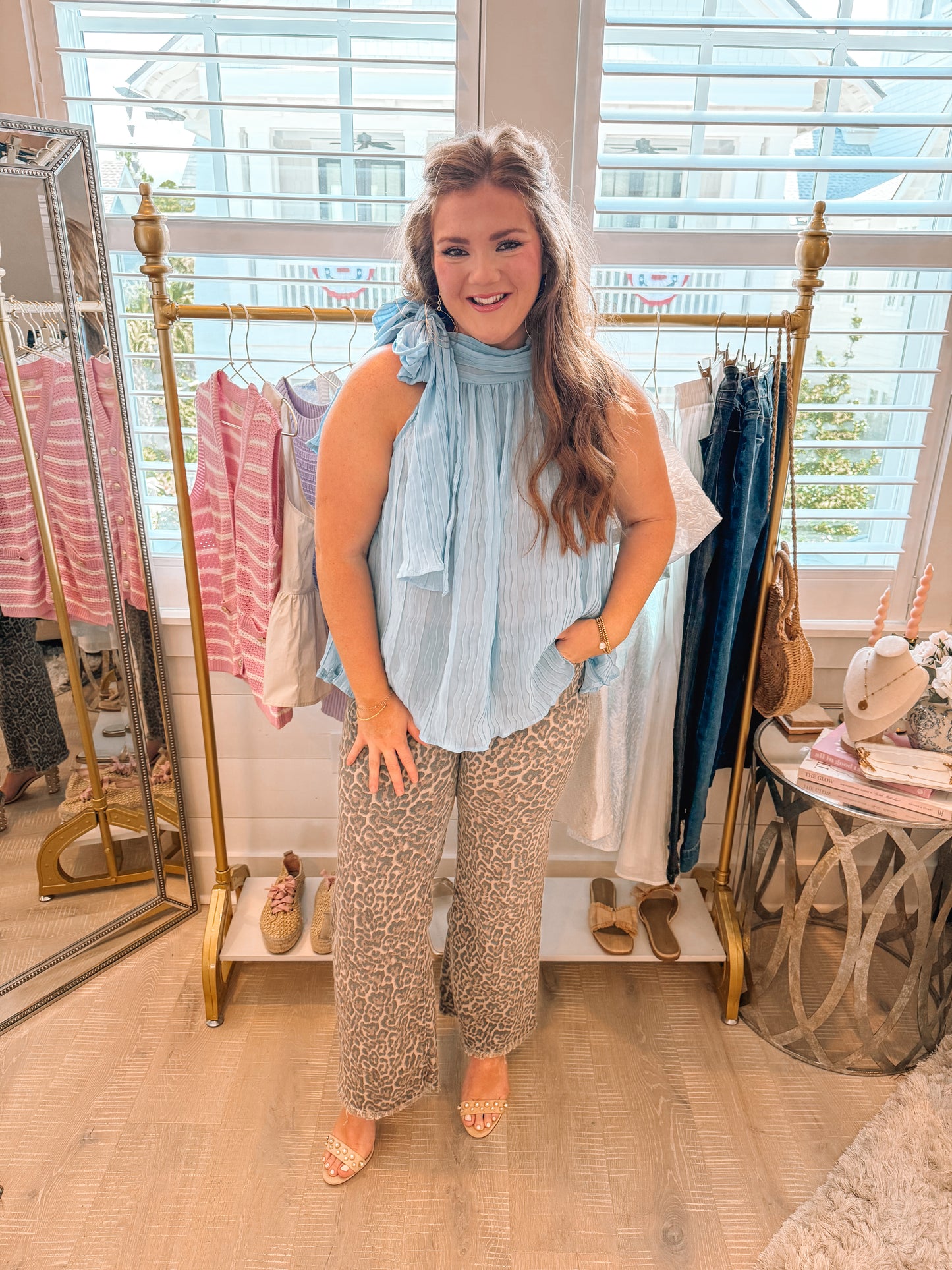 Dusty Blue Textured Pleated Tied Mock Neck Flowy Tank Top - PREORDER