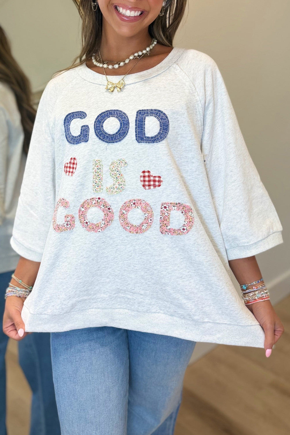 Light Grey GOD IS GOOD Patchwork Applique Relaxed 3/4 Sleeve Tunic Top - PREORDER