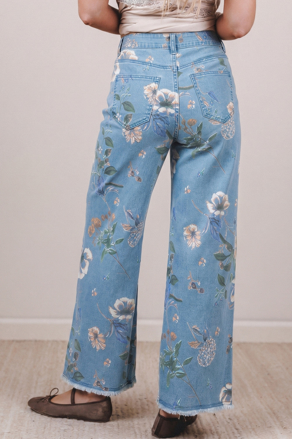 Sky Blue Retro Floral Print Frayed Hem Shift Jeans - PREORDER
