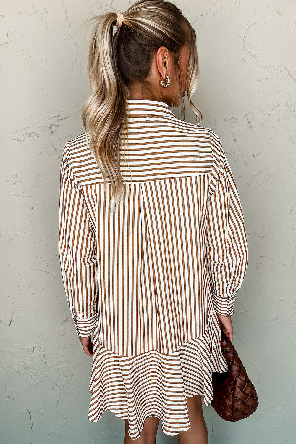 Brown Stripe Ruffled Hem Collared Long Sleeve Shirt Mini Dress - PREORDER