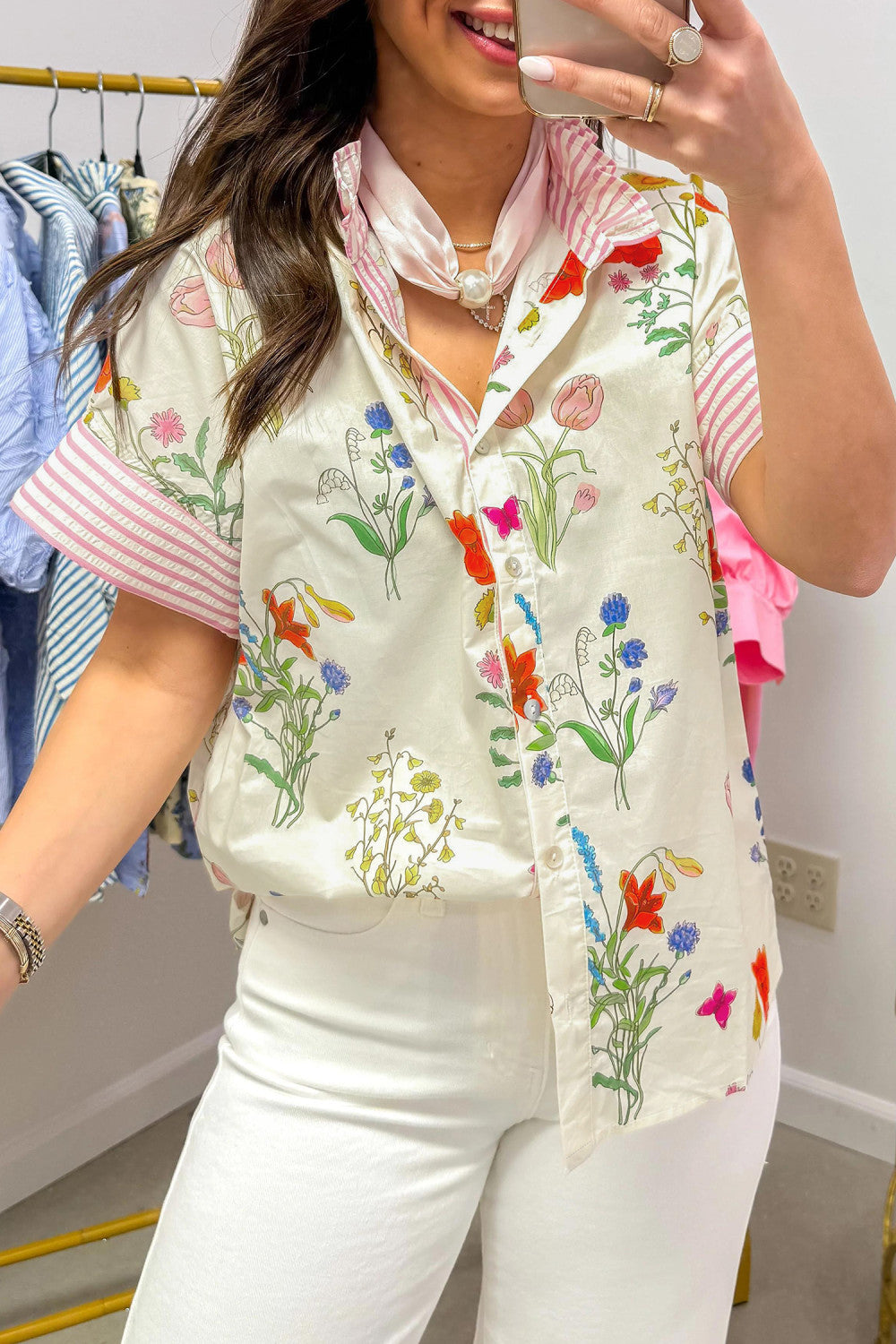 Beige Floral Striped Patchwork Ruffled Collar Short Sleeve Shirt - PREORDER