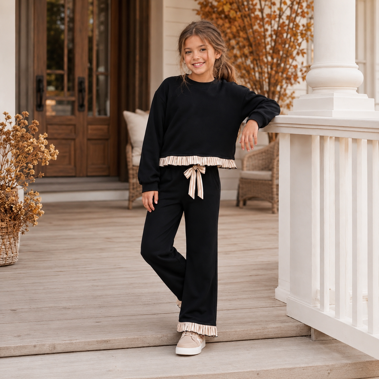 Girls Black Ruffle Detail Pant Set - PREORDER