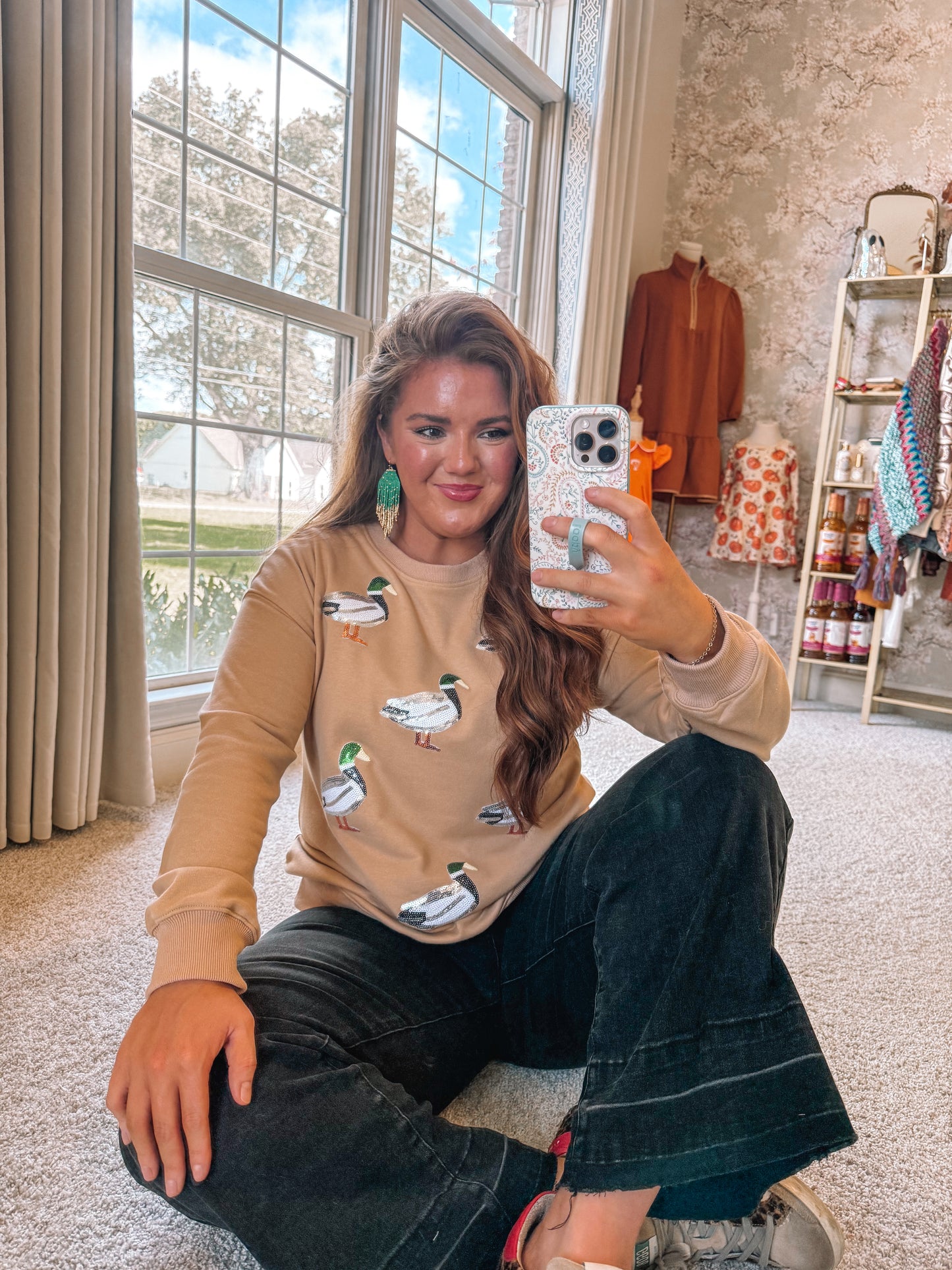 Khaki Sequin Mallard Duck Graphic Baggy Sweatshirt - PREORDER
