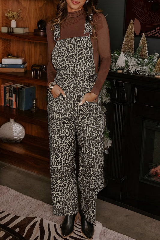 Leopard Print Straight Leg Loose Denim Overall Jumpsuit - PREORDER