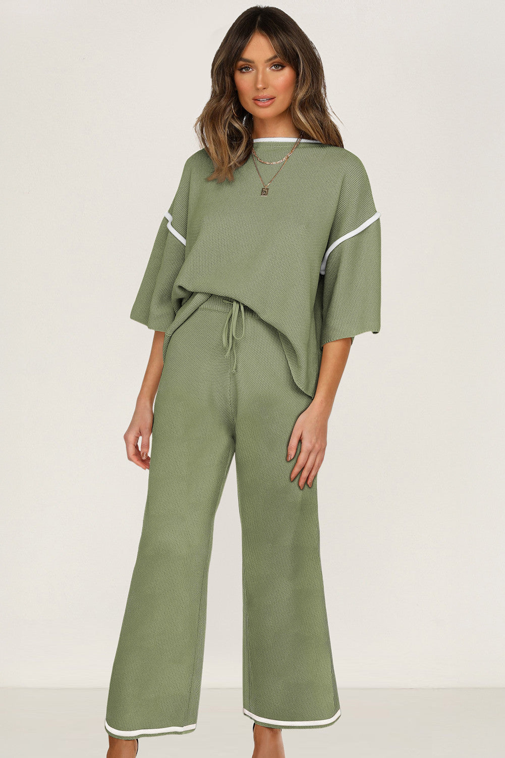 Guacamole Green Contrast Trim Half Sleeve Top Drawstring Pants Loose 2pcs Sweater Suit - PREORDER