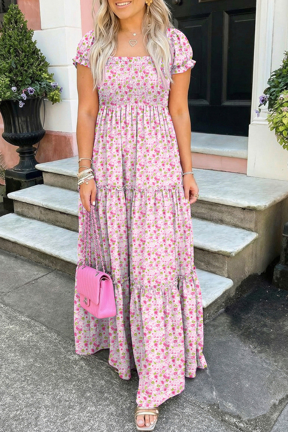 Pink Floral Short Bubble Sleeve Shirred High Waist Maxi Dress - PREORDER