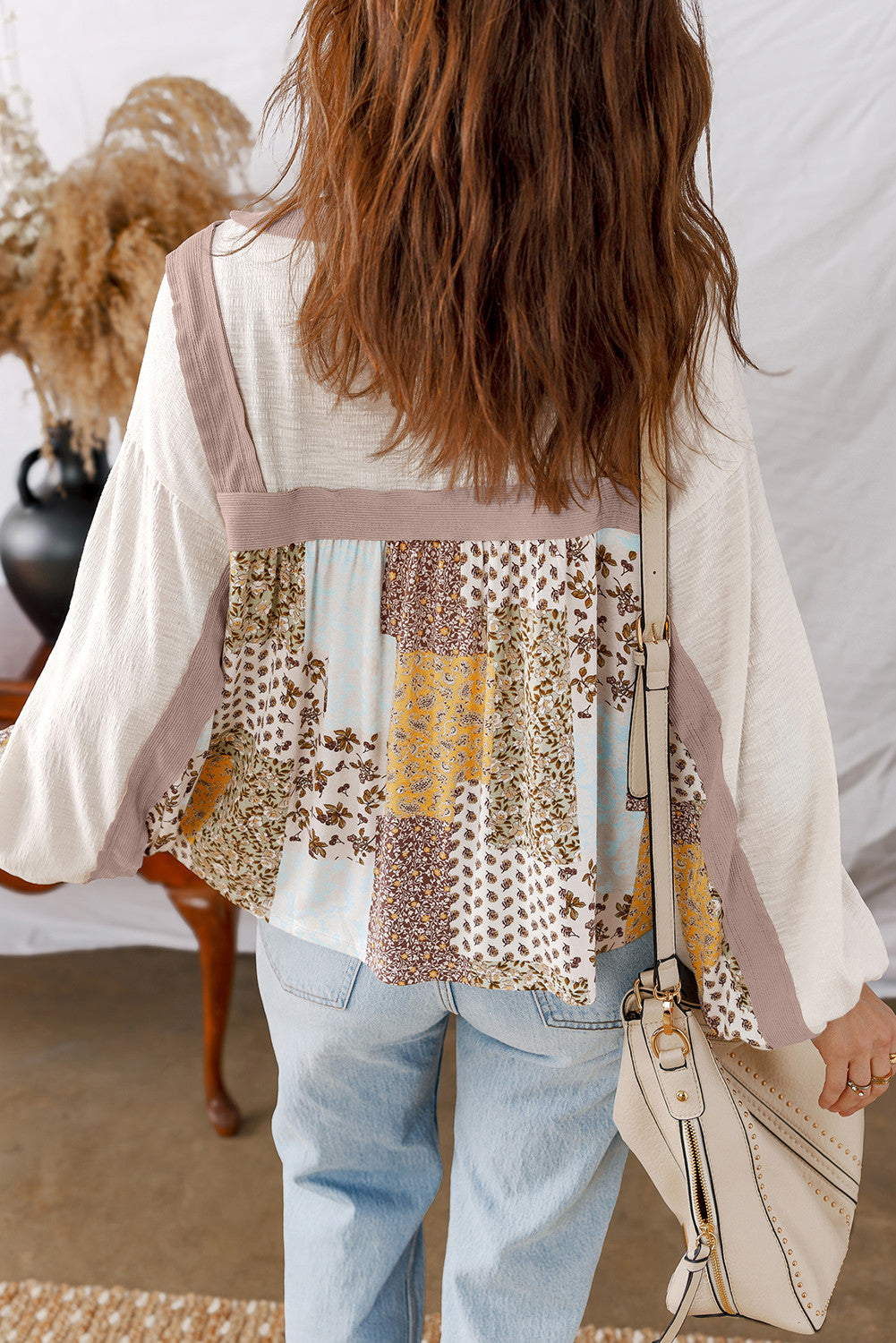 White Floral Printed Contrast Patchwork Long Sleeve Top - PREORDER