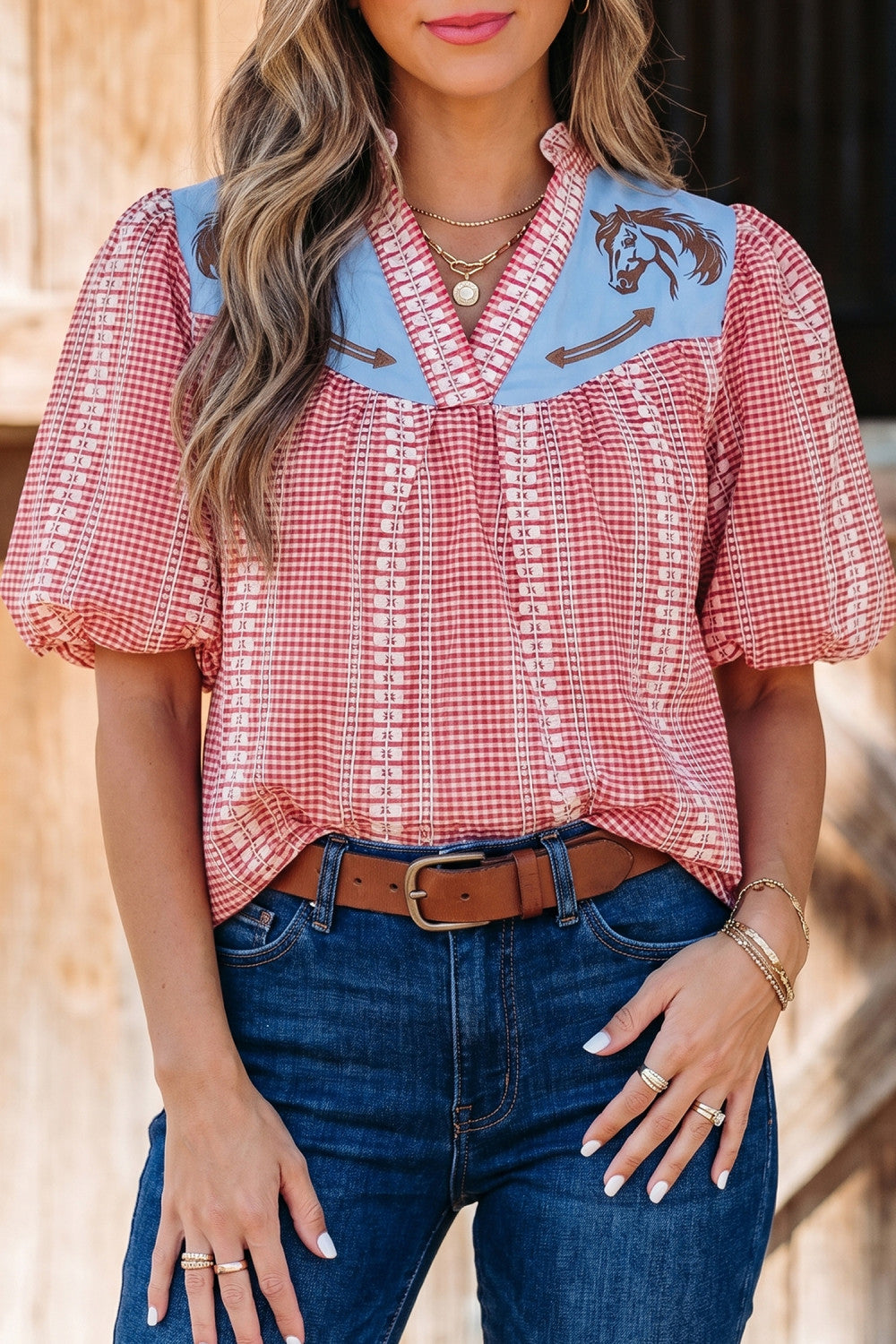 Red Western Horse Embroidered Yoke Puff Sleeve Gingham Blouse - PREORDER