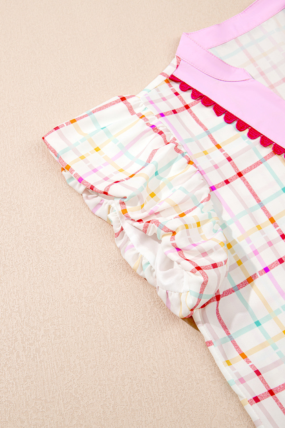 White Plaid Flutter Sleeve Colorblock Ric Rac Split V Neck Blouse - PREORDER