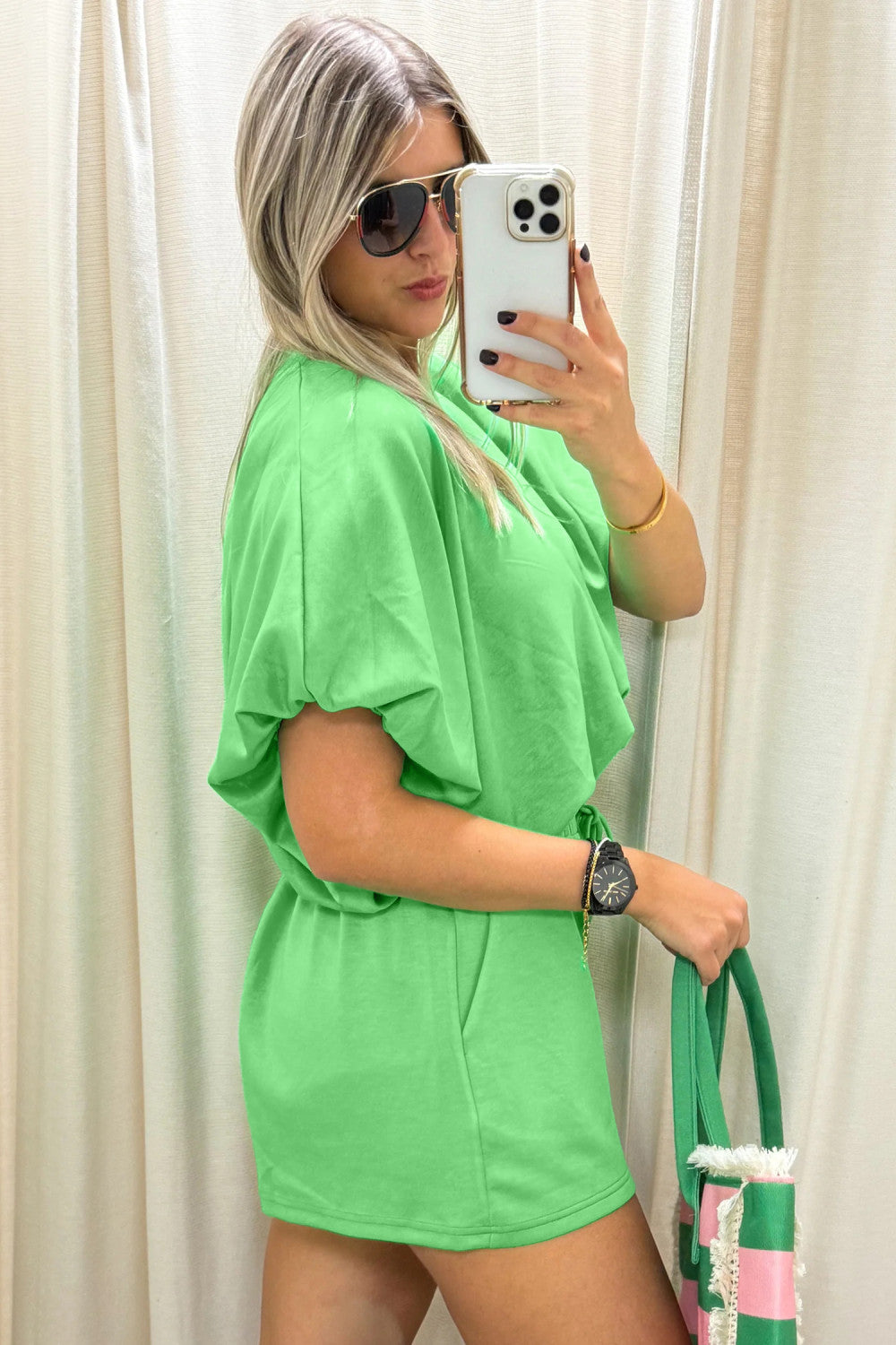 Green Solid Color Puffy Loose Top Drawstring Shorts 2pcs Outfit - PREORDER