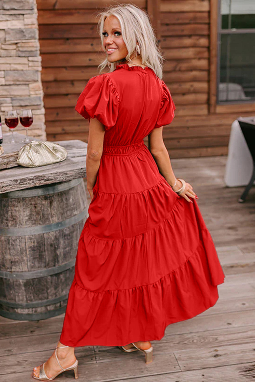 Red Solid Color V Neck Short Puff Sleeve High Waist Tiered Maxi Dress - PREORDER