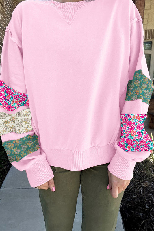 Pink Plus Size Mix Floral Patched Sleeve Ribbed Trim Baggy Sweatshirt - PREORDER