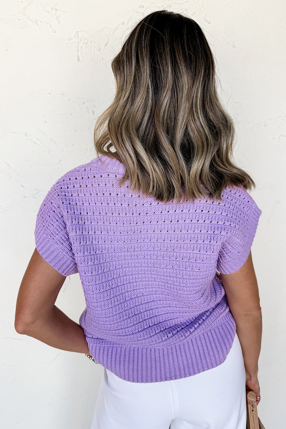 Lavender Pointelle knit Ribbed Trim Short Sleeve Sweater - PREORDER