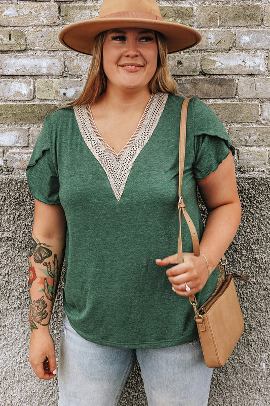 Green Plus Size Embroidery V Neck Draped Sleeve Blouse - PREORDER