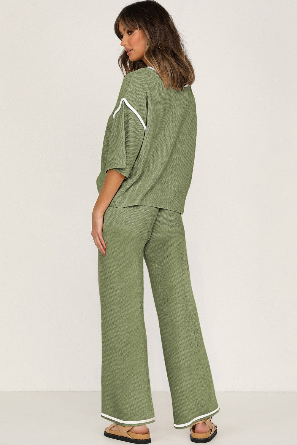Guacamole Green Contrast Trim Half Sleeve Top Drawstring Pants Loose 2pcs Sweater Suit - PREORDER