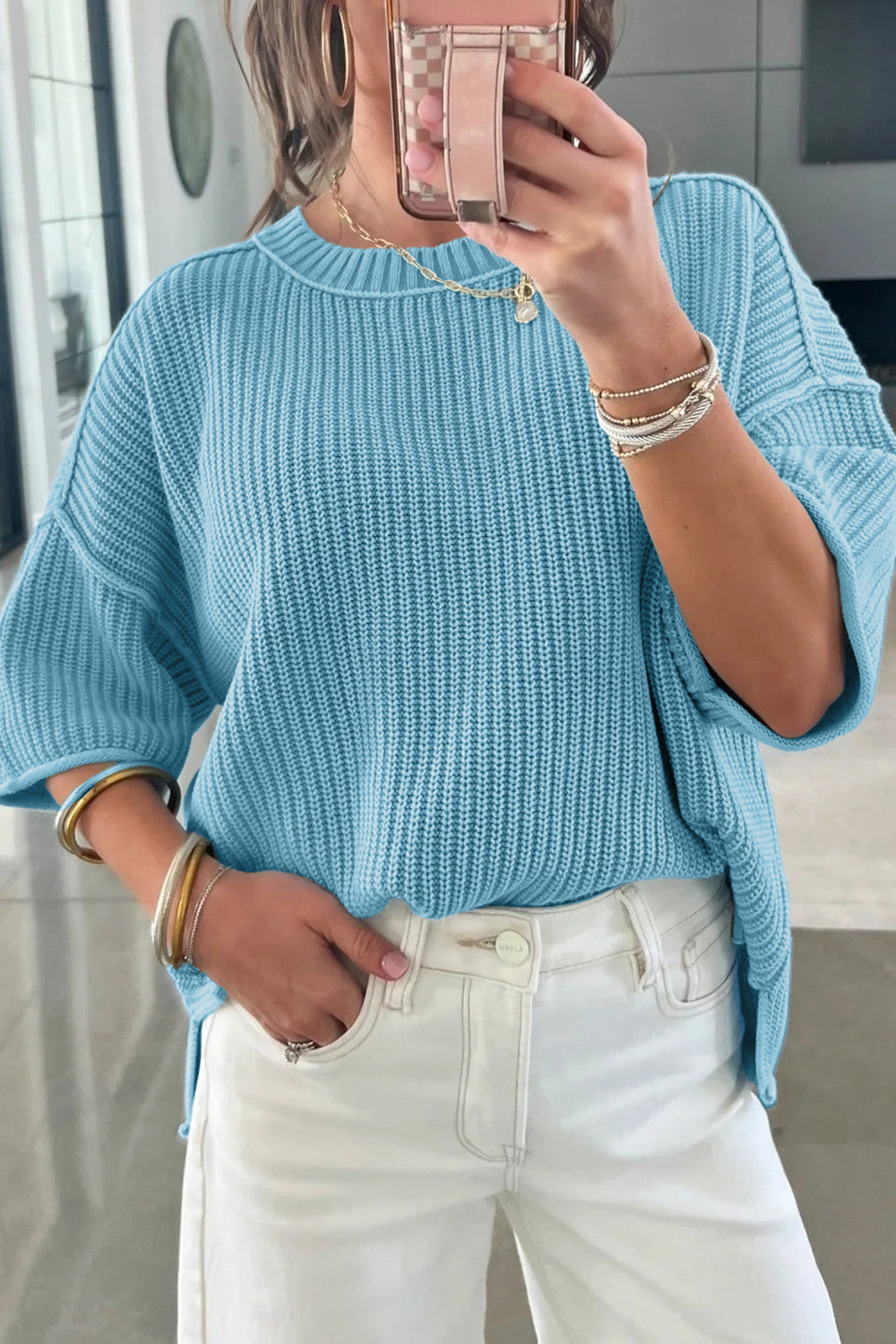 Mist Blue Exposed Seam Detail Half Sleeve Loose Sweater - PREORDER