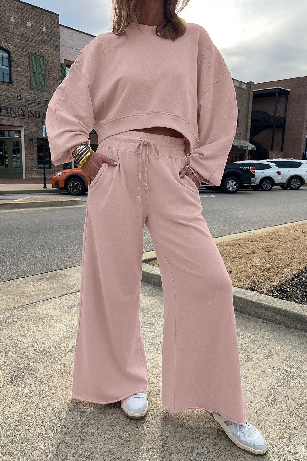 Light Pink Drop Shoulder Puff Sleeve Crop Pullover Drawstring Wide Leg Pants Set - PREORDER
