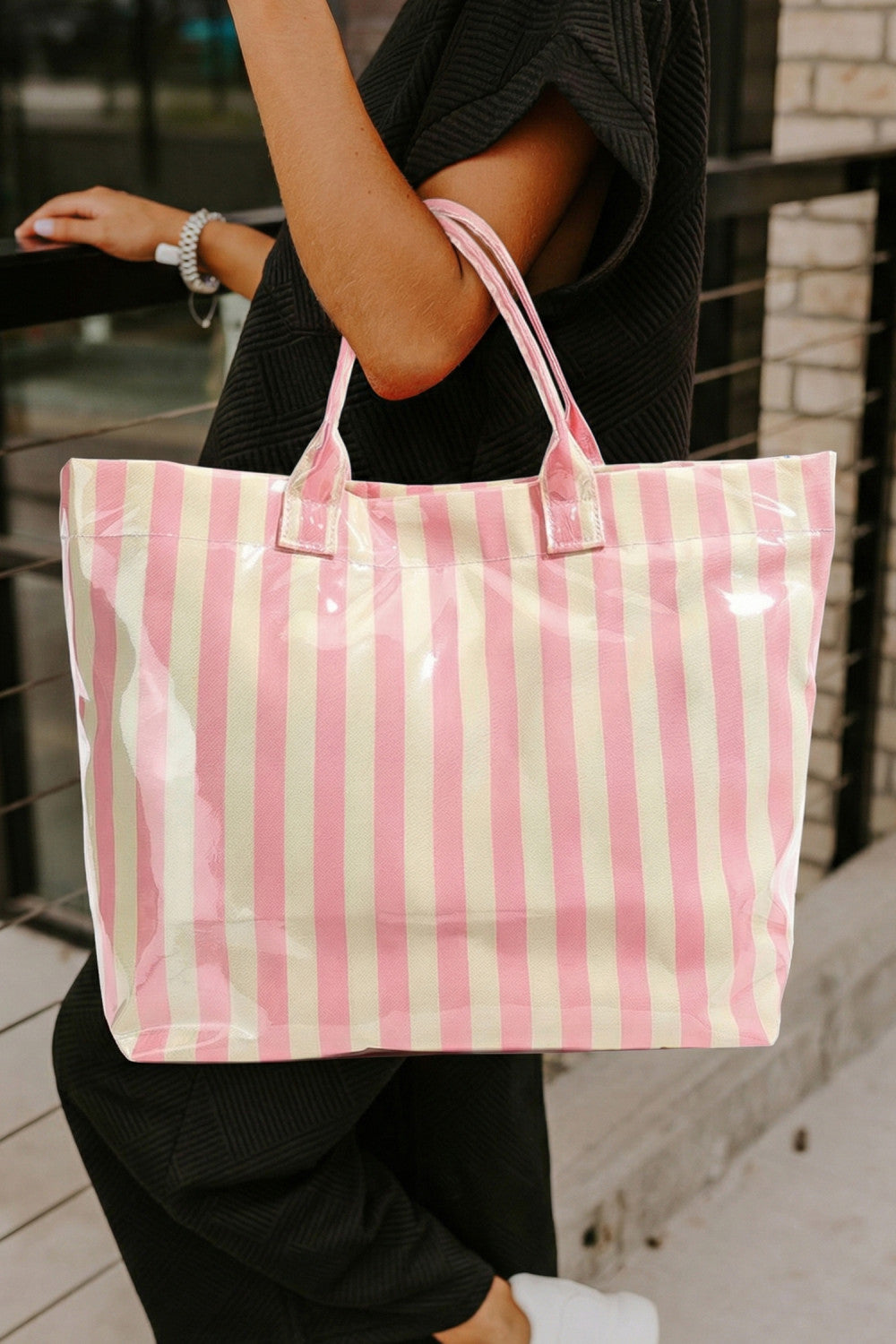 Pink Glossy Striped Large Tote Bag - PREORDER