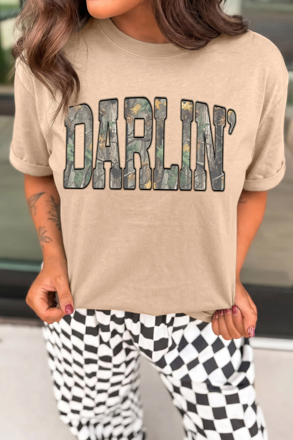 Khaki DARLIN Camo Letter Print Crewneck T Shirt - PREORDER