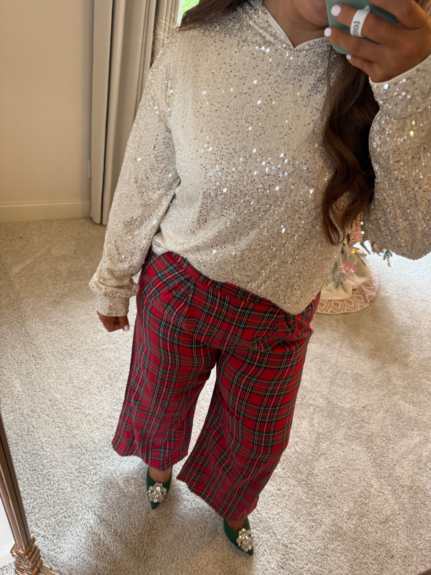 Red Festive Plaid Wide Leg Pull On Pants - PREORDER