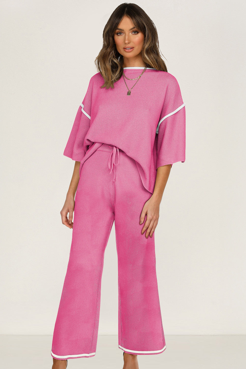 Bright Pink Contrast Trim Half Sleeve Top Drawstring Pants Loose 2pcs Sweater Suit - PREORDER