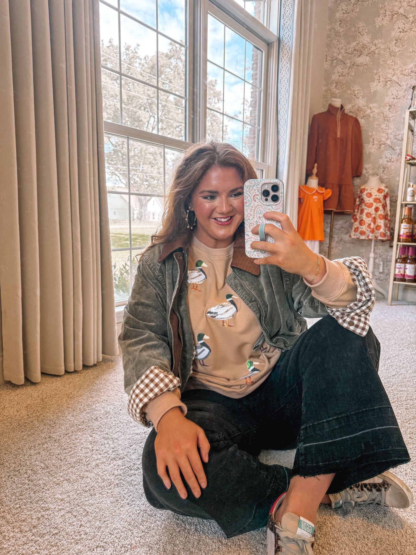 Khaki Sequin Mallard Duck Graphic Baggy Sweatshirt - PREORDER