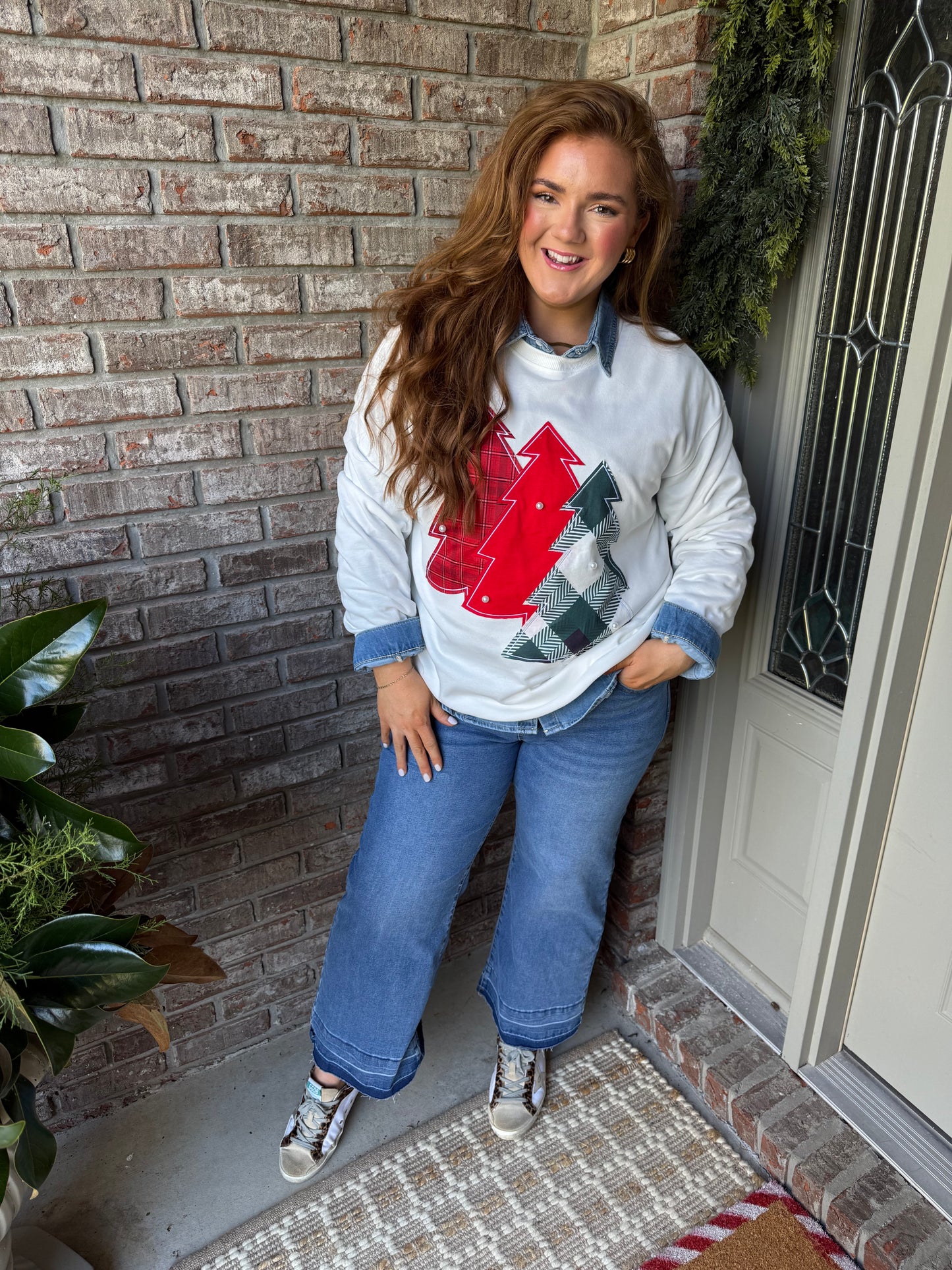 White Pearl Plaid Christmas Tree Patched Drop Shoulder Sweatshirt