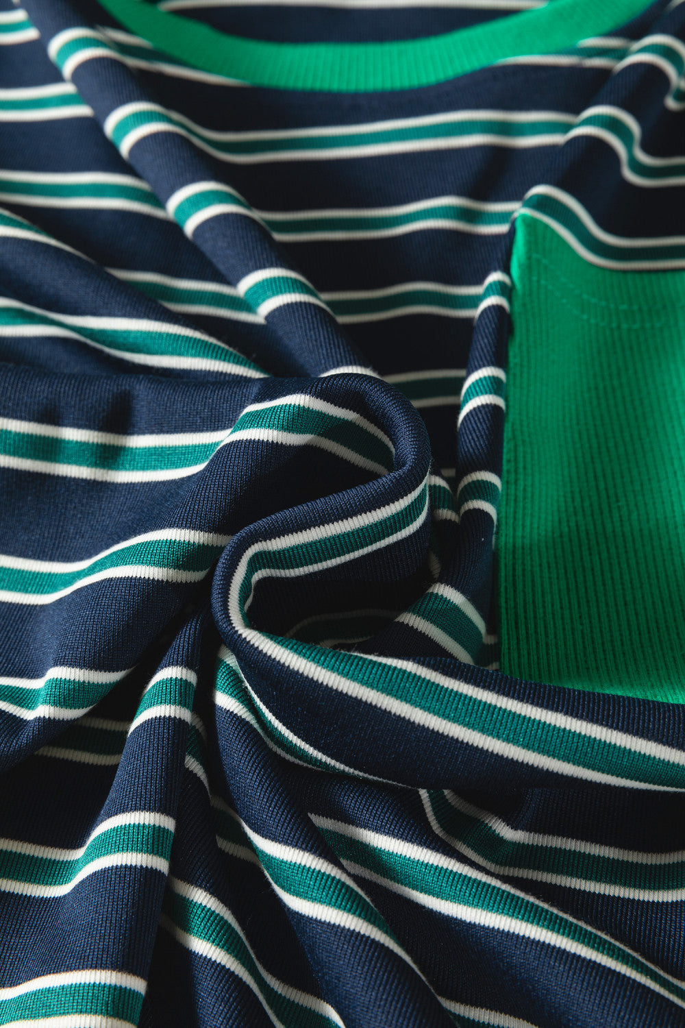 Green Stripe Ribbed Color Block Patchwork Crew Neck Patch Pocket Long Sleeve Top - PREORDER