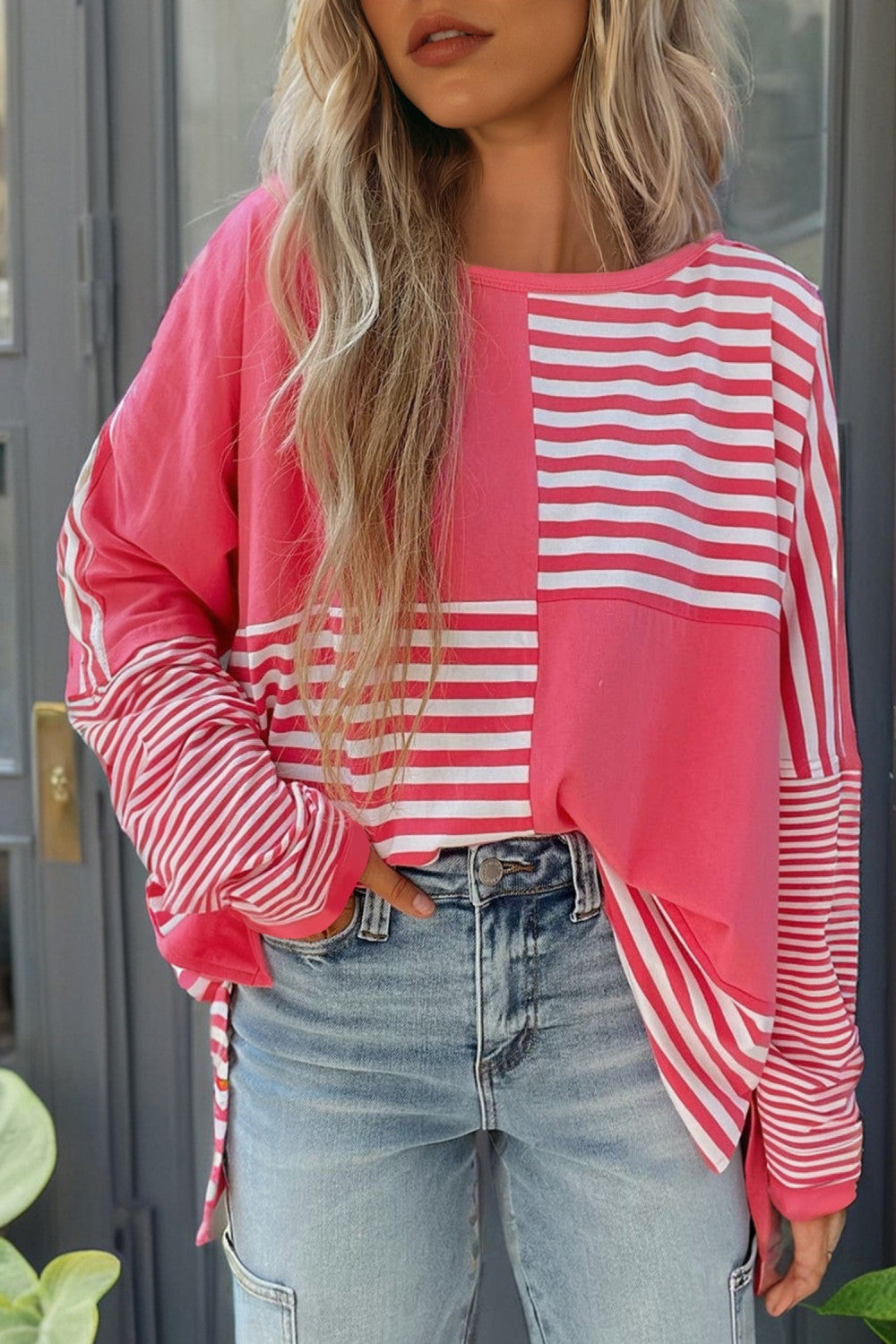 Pink Stripe Color Block Patchwork Drop Shoulder Long Sleeve Tunic Top - PREORDER