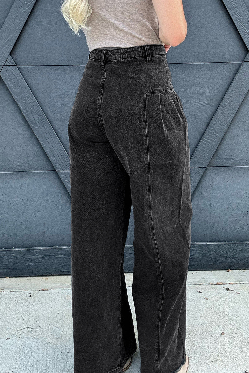 Dark Grey Pleated Wide Leg Mineral Wash Denim Pants - PREORDER