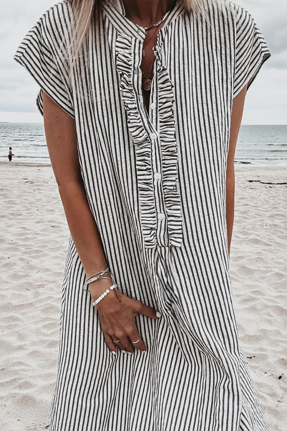 Black Stripe Frilled Detail Half Buttons Short Sleeve Long Dress