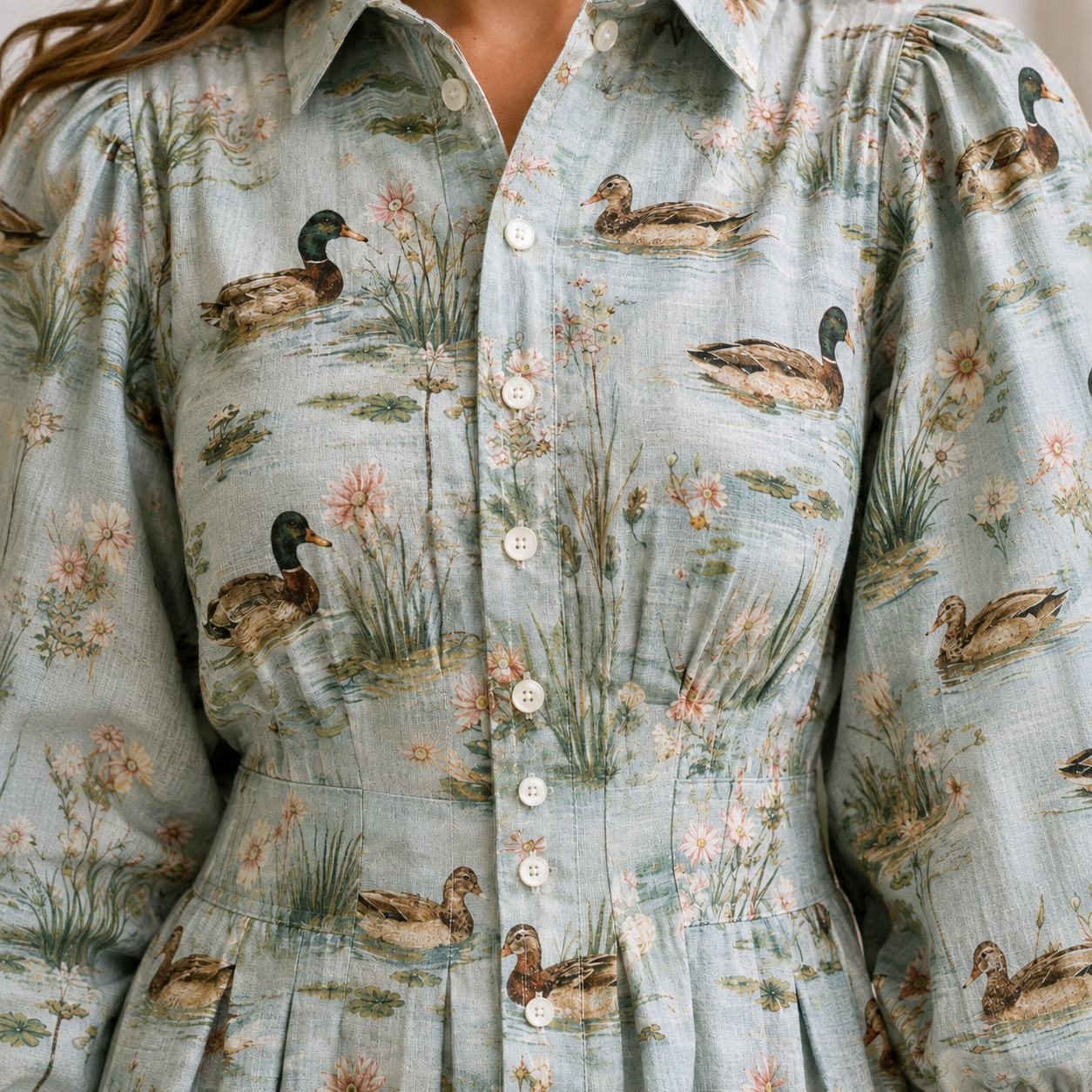 Green Floral Duck Print Pleated Shirt Collar Dress - PREORDER