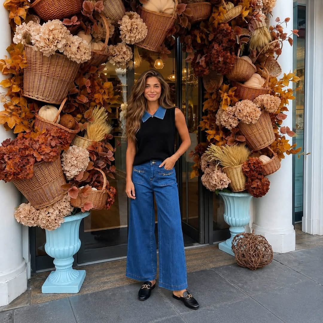 Sail Blue Hardware Decor Patched Pockets Wide Leg Denim Pants - PREORDER