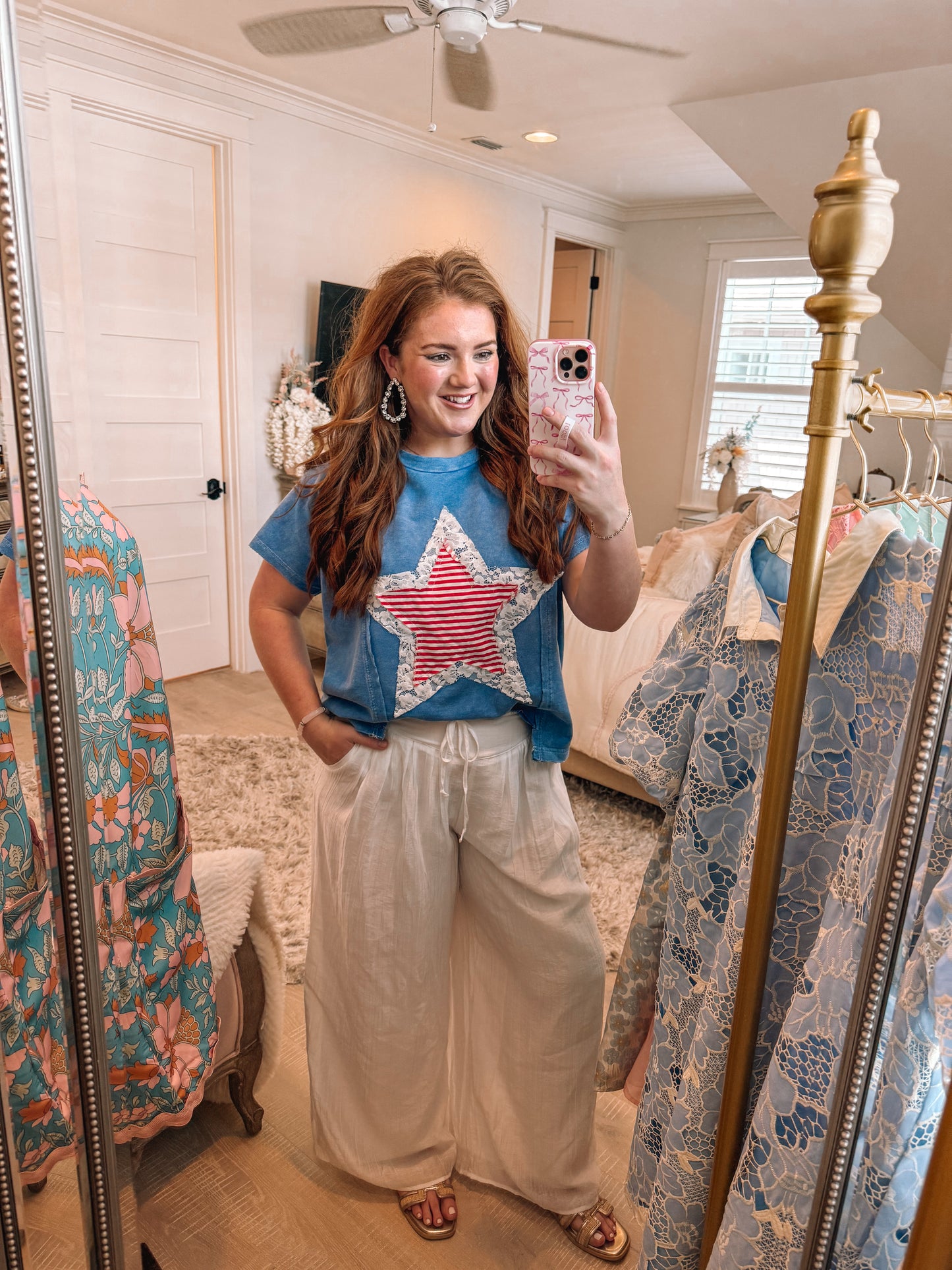 Mineral Washed Usa Stripe Star Lace Patch Knit Top