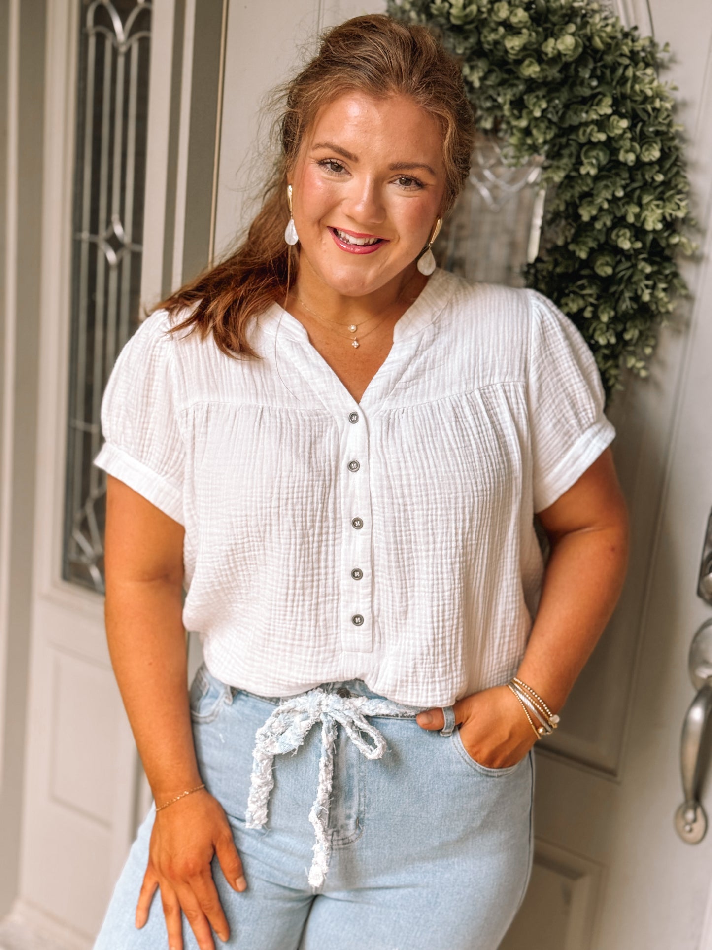 White Textured Short Sleeve Buttons Frayed Blouse - PREORDER