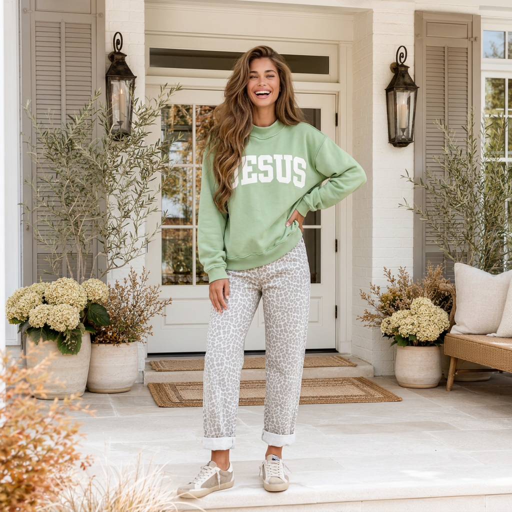 Meadow Mist Green JESUS Letter Print Exposed Seam Mock Neck Baggy Sweatshirt - PREORDER